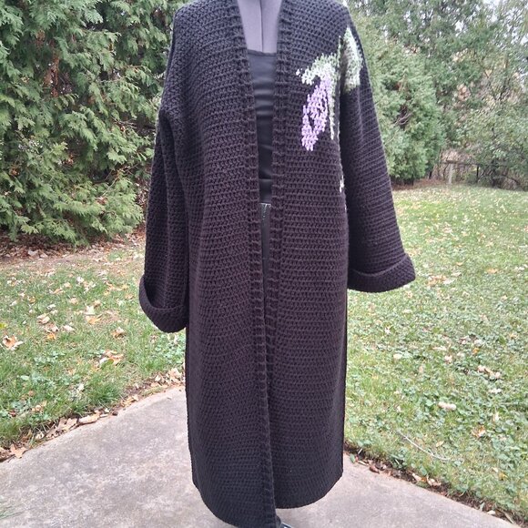 Black Long Sweater with Light Purple Rose and Scarf XL Plus - Picture 9 of 11